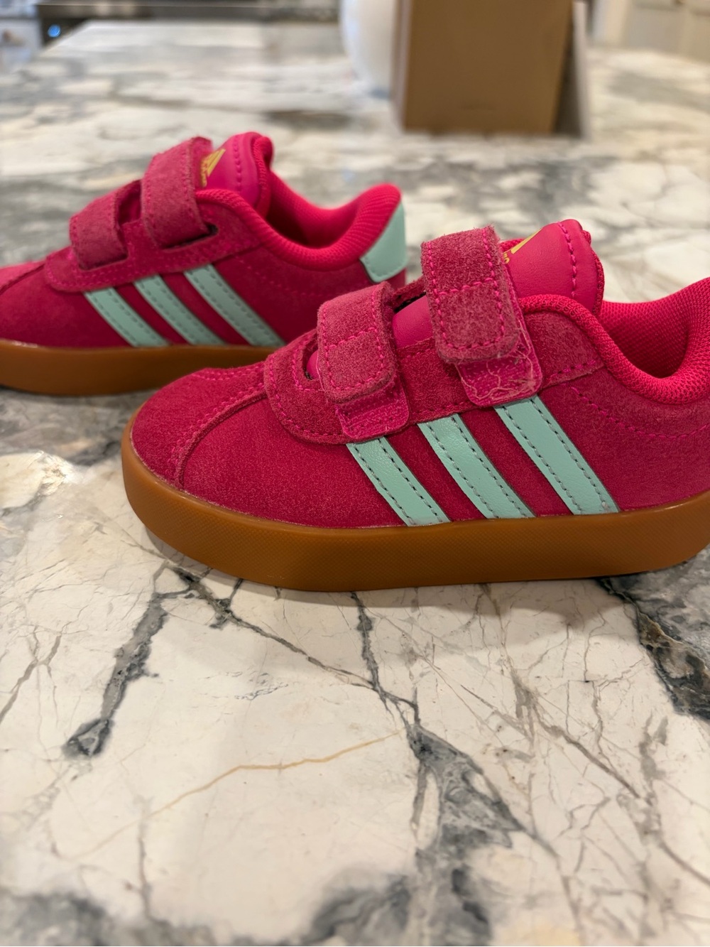 adidas Originals Kids Hot Pink Suede Sneakers with Blue Stripes